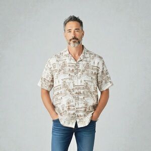 Common People Scenic Print Short Sleeve Button-Front Shirt Men’s M 100% Cotton